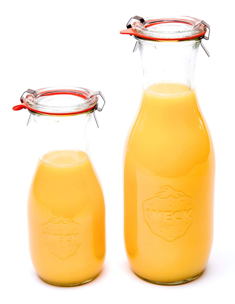 Weck Juice Jar Combo Pack - (1) 766 1-Liter jar (1) 764 1/2-Liter jar with Glass Lids, Rubber Rings and Steel Clamps - Image 2